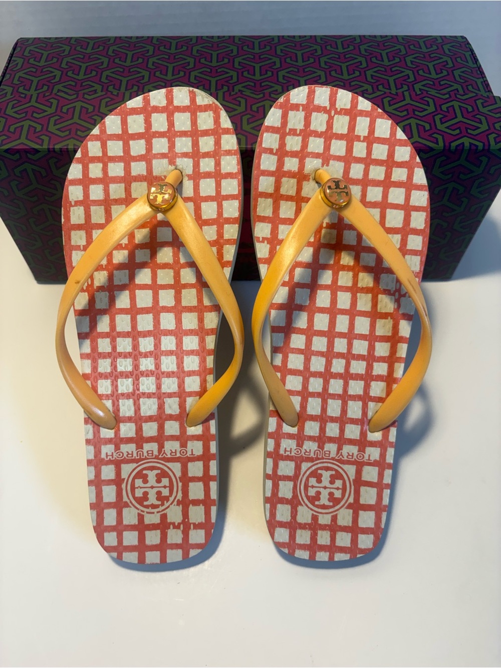 Tory Burch Orange-Strap Red & White Check Flip Flops